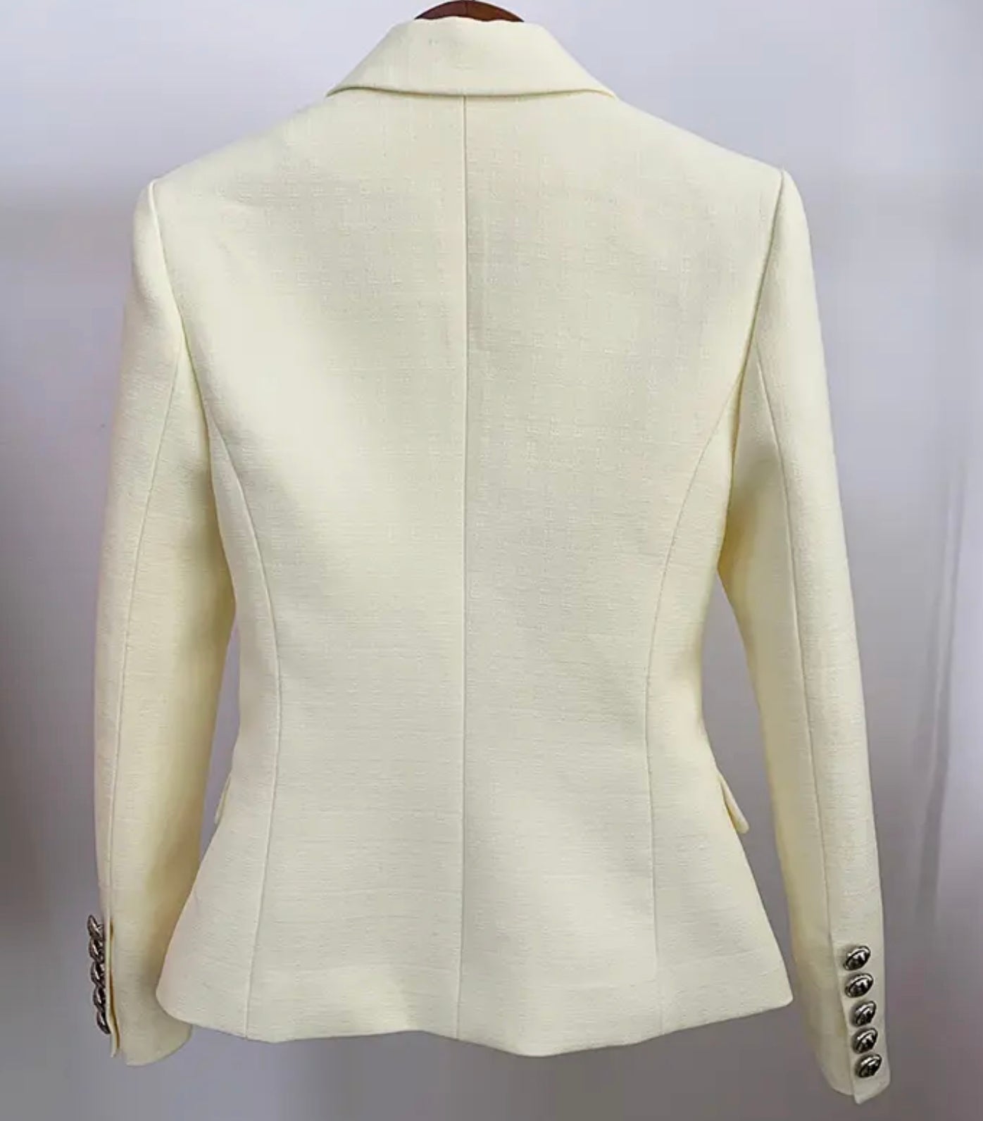 Beige-Ivory Double Breasted Notched Tailored Blazer with Metal Buttons