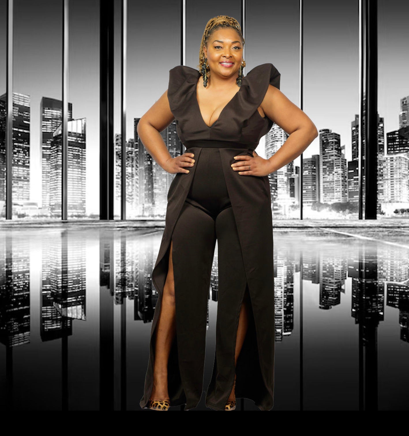 Red Deep V-Neck Ruffle Sleeves. Long Wide Slit Leg Pants - One Piece Jumpsuit