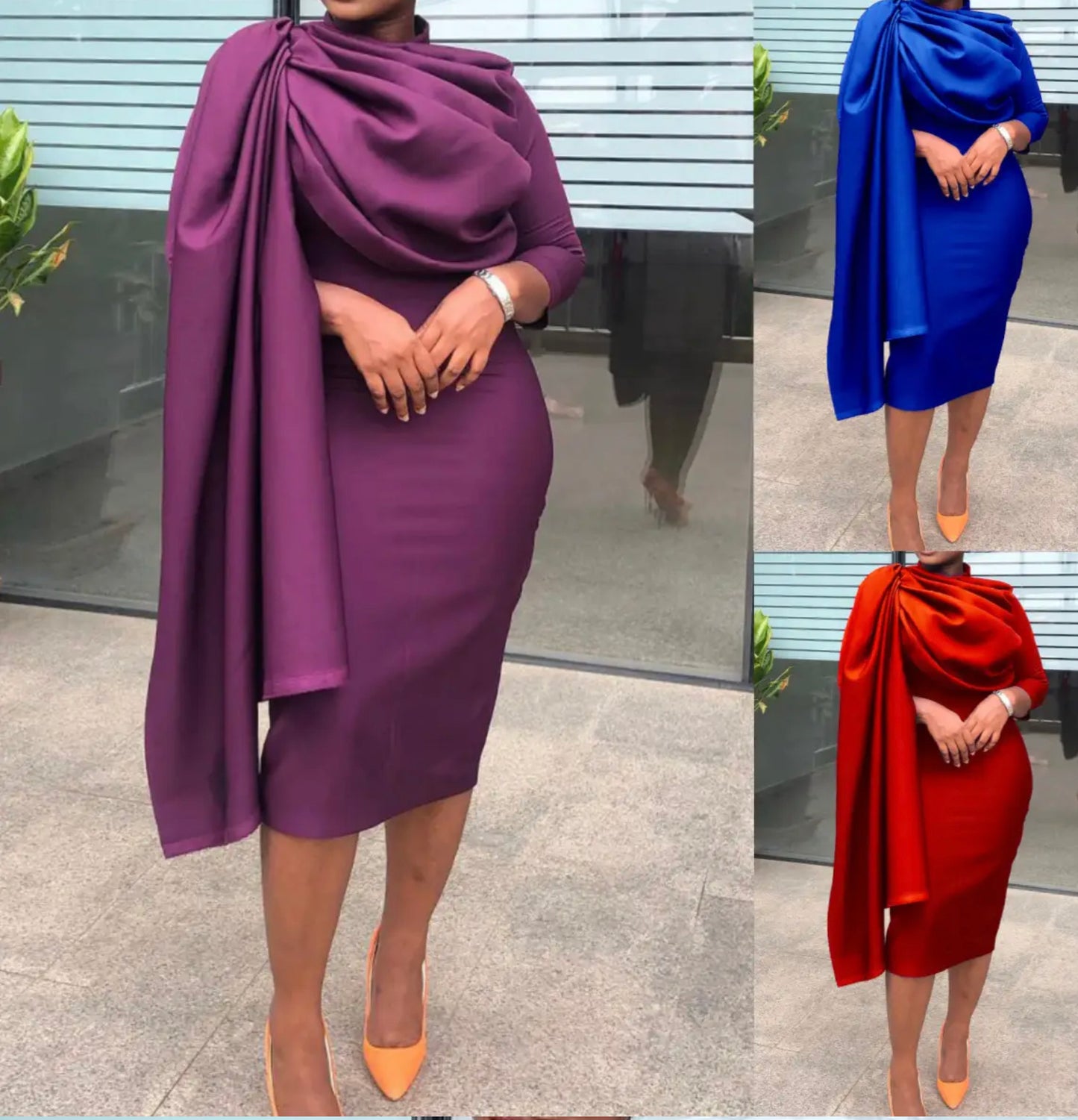 Purple Pile Collar Neckline Ruched Layered Cloak Sleeve Solid Ruffle BodyCon Pencil Dress