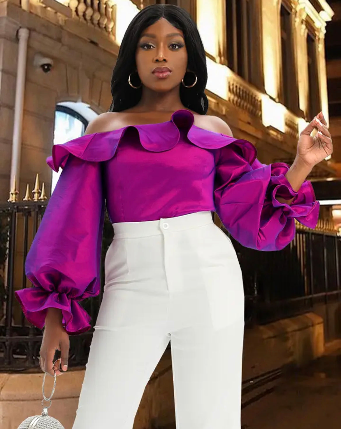 Purple Off Shoulder Slash Neck Ruffle Long Sleeve Party Top