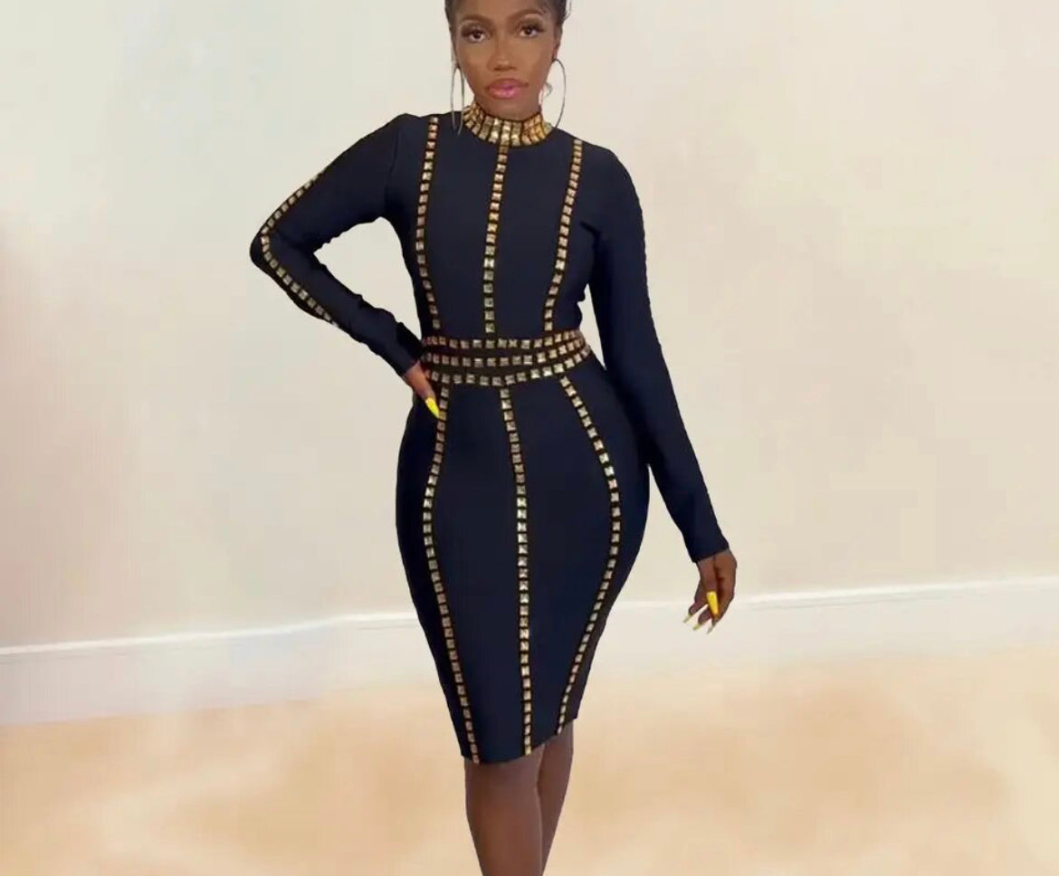 Sexy Beaded Bodycon Long Sleeve Drilling HOT Sheath Long Sleeve Dress