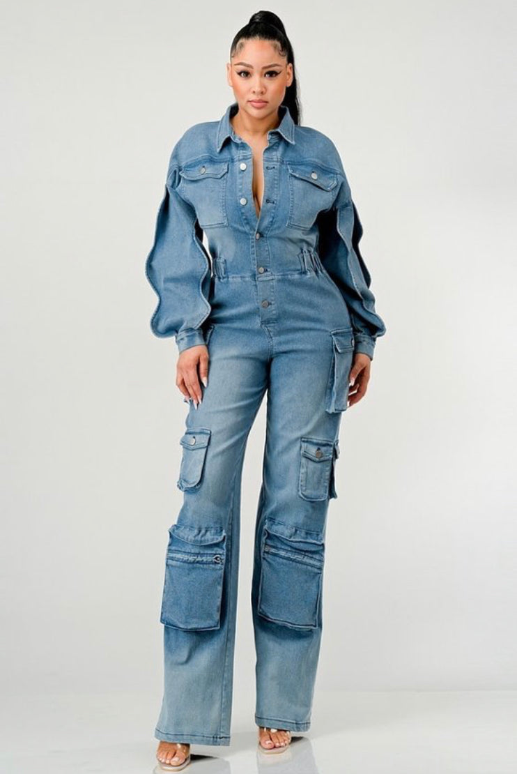 Denim Cargo Ruffle Long Sleeve Jumpsuit