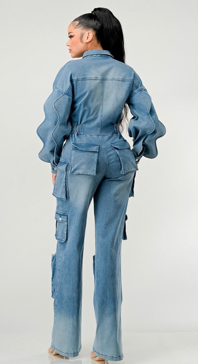 Denim Cargo Ruffle Long Sleeve Jumpsuit