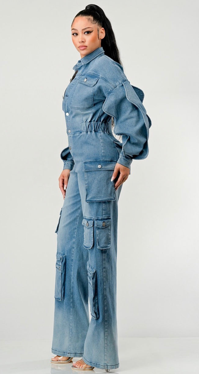 Denim Cargo Ruffle Long Sleeve Jumpsuit