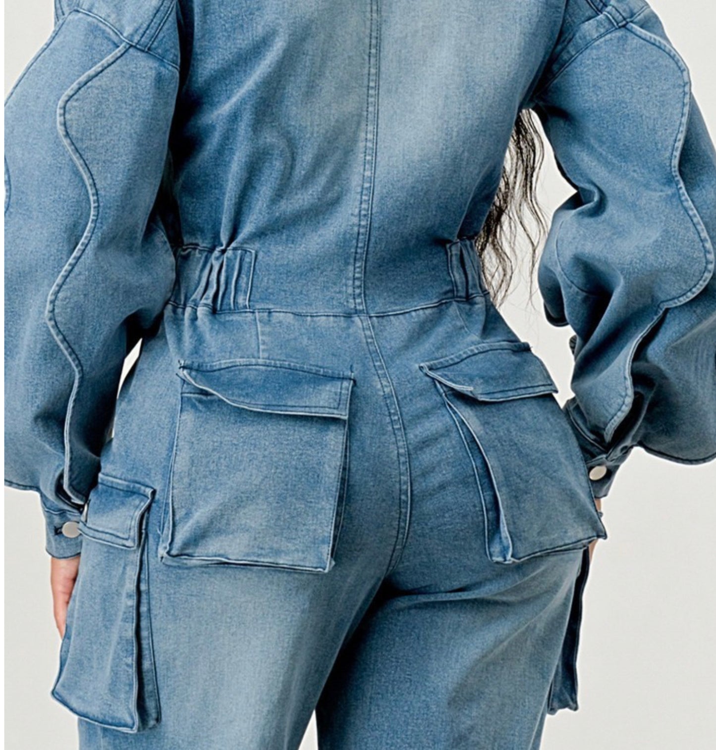 Denim Cargo Ruffle Long Sleeve Jumpsuit