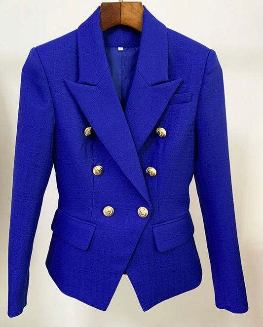 Royal Blue Double Breasted Notched Tailored Blazer with Metal Buttons