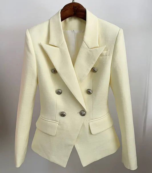 Beige-Ivory Double Breasted Notched Tailored Blazer with Metal Buttons