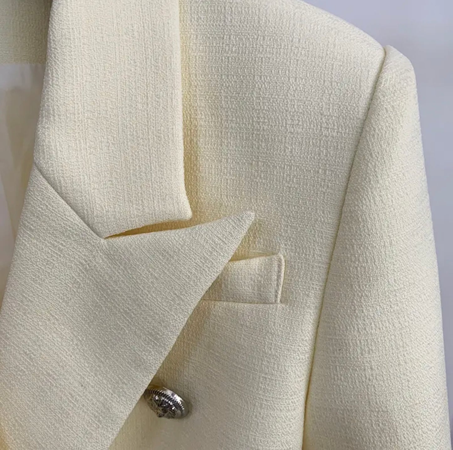 Beige-Ivory Double Breasted Notched Tailored Blazer with Metal Buttons