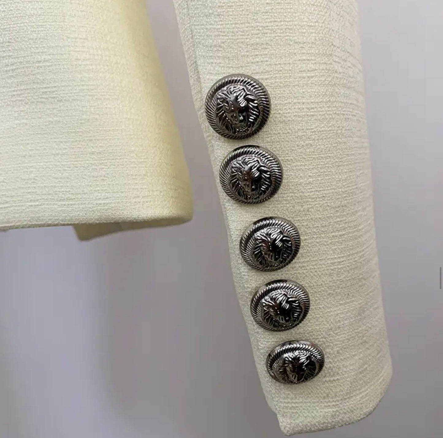 Beige-Ivory Double Breasted Notched Tailored Blazer with Metal Buttons