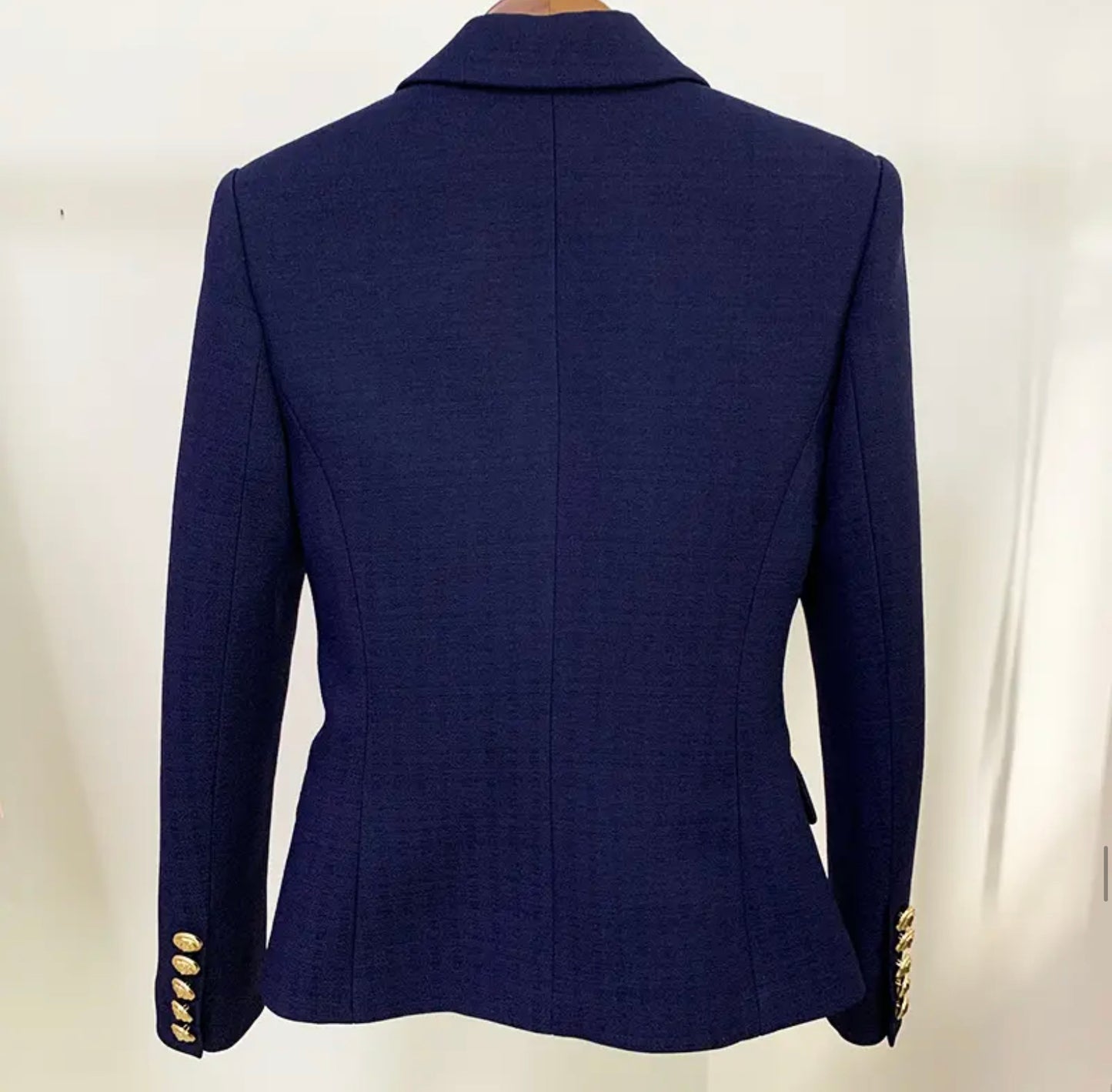 Navy Blue Double Breasted Notched Tailored Blazer with Metal Buttons