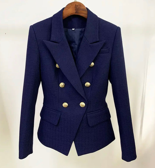 Navy Blue Double Breasted Notched Tailored Blazer with Metal Buttons