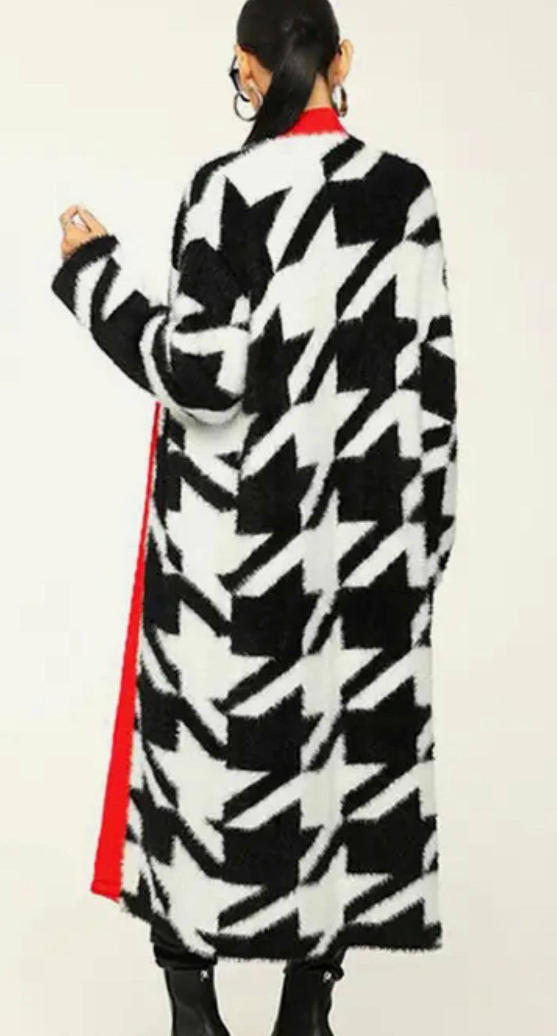 Houndstooth  Maxi Long Sleeve Cardigan Sweater - Black