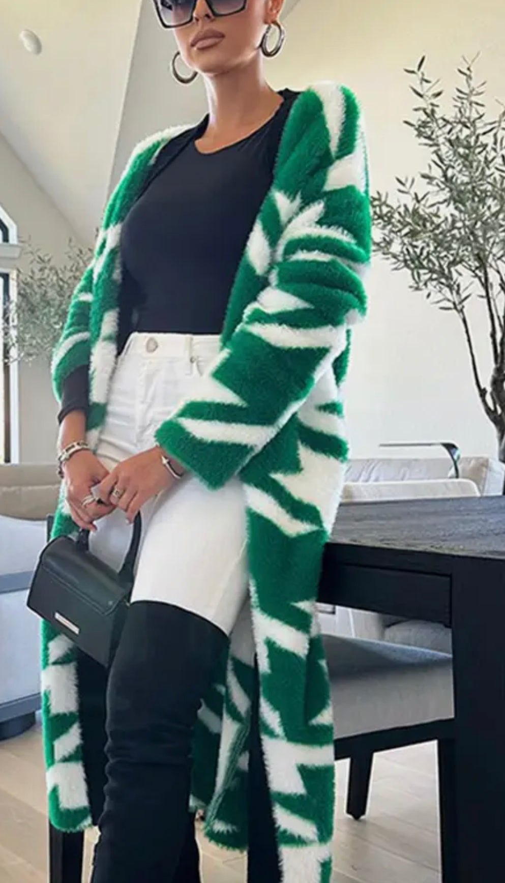 Houndstooth Maxi Long Sleeve Cardigan - Green