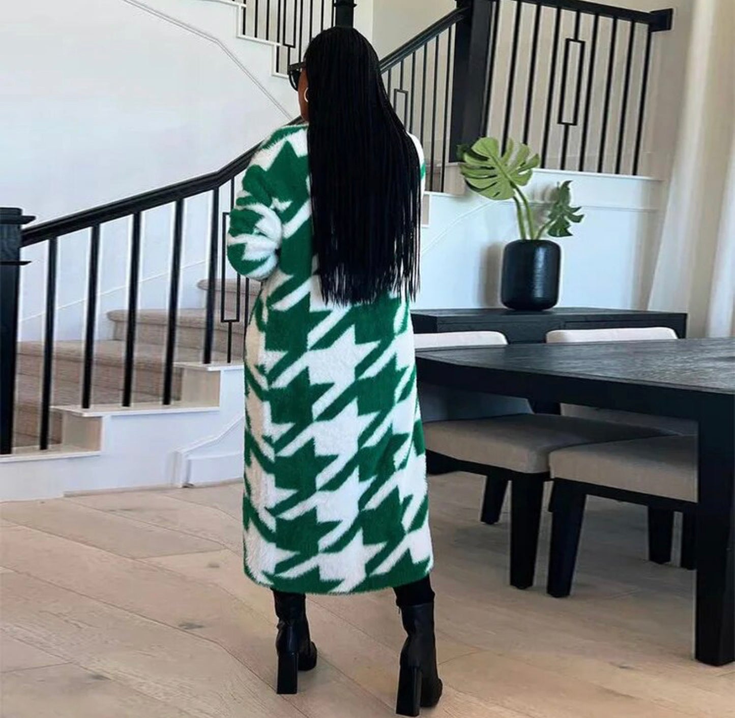 Houndstooth Maxi Long Sleeve Cardigan - Green