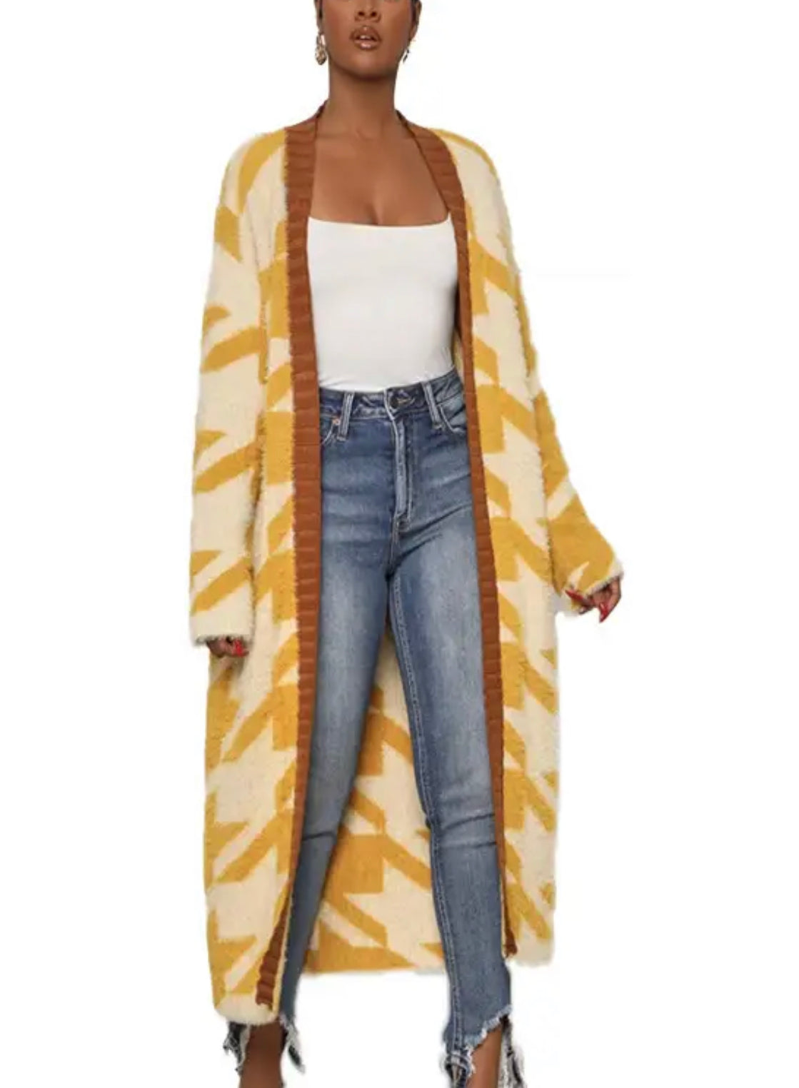 Houndstooth Maxi Long Sleeve Cardigan Sweater - Yellow