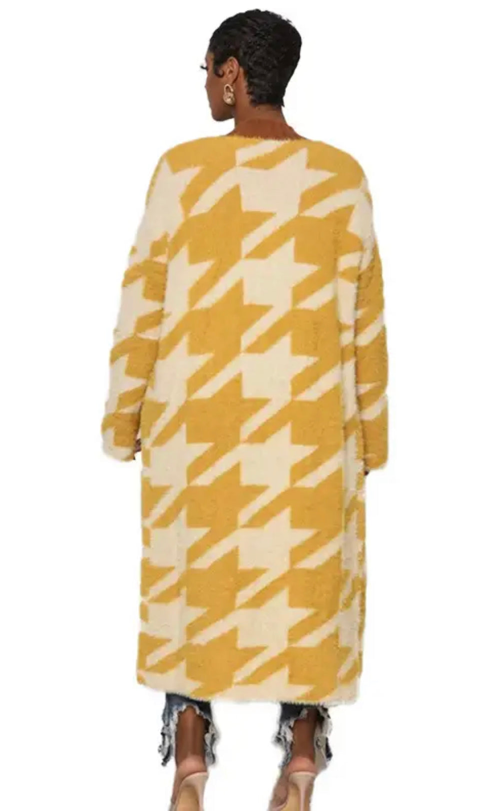 Houndstooth Maxi Long Sleeve Cardigan Sweater - Yellow