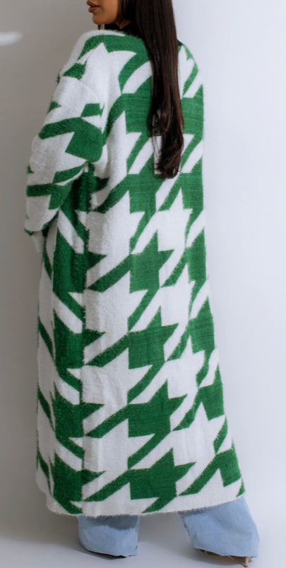 Houndstooth Maxi Long Sleeve Cardigan - Green