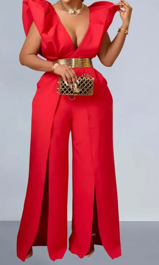 Red Deep V-Neck Ruffle Sleeves. Long  Wide Slit Leg Pants - One Piece Jumpsuit