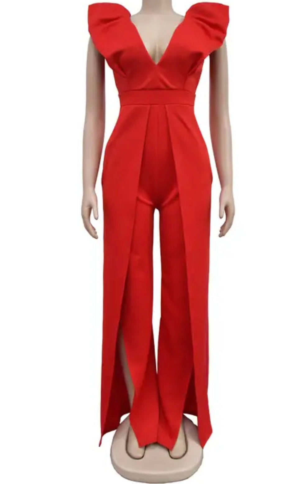 Red Deep V-Neck Ruffle Sleeves. Long  Wide Slit Leg Pants - One Piece Jumpsuit