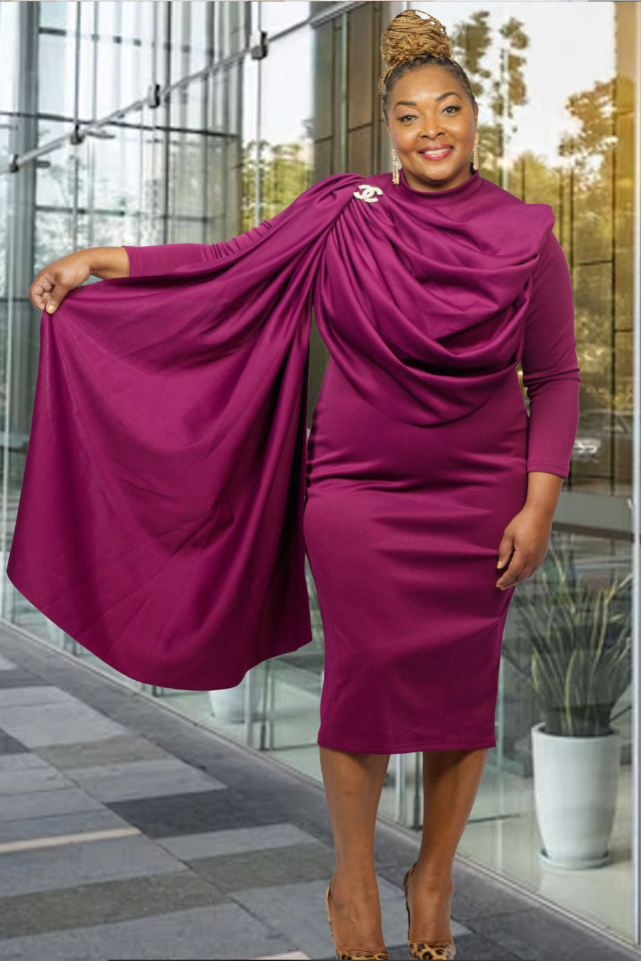 Purple Pile Collar Neckline Ruched Layered Cloak Sleeve Solid Ruffle BodyCon Pencil Dress