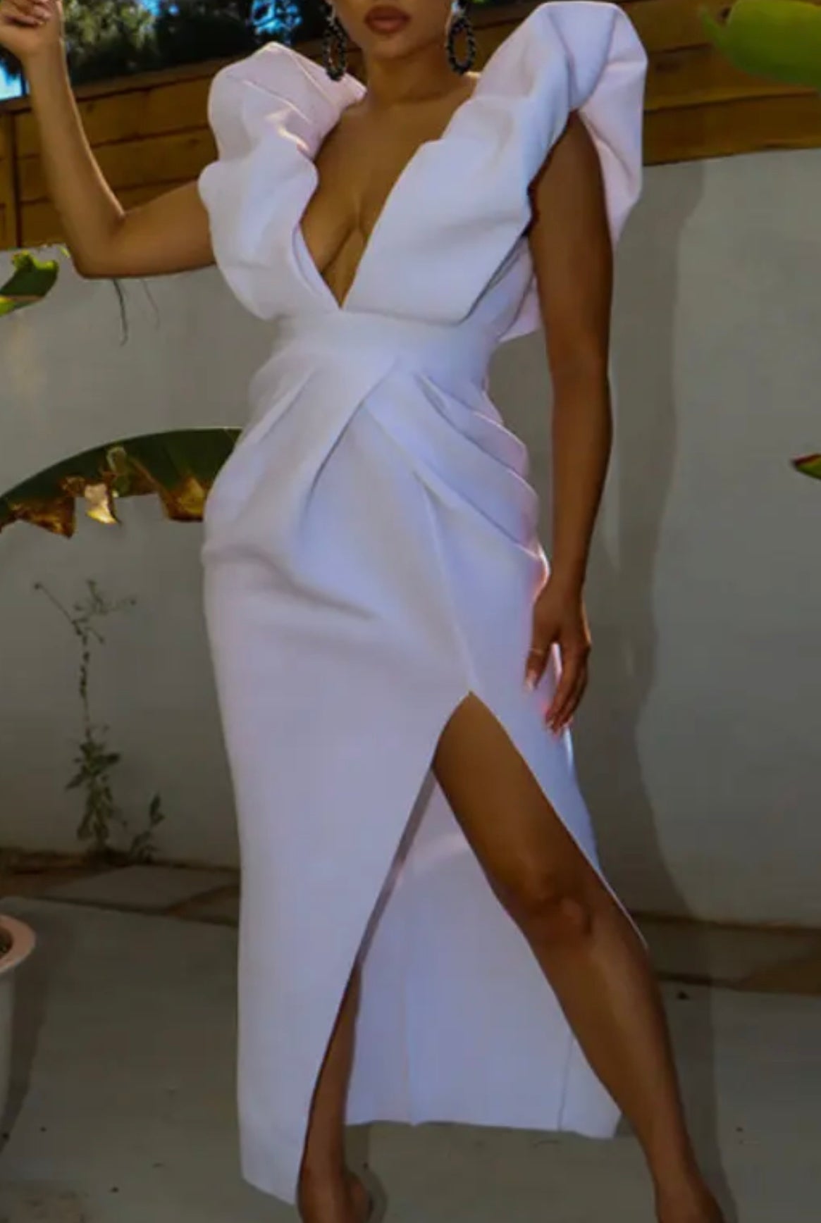 White Deep V-Neck Ruched High Waist Cocktail Party Dress