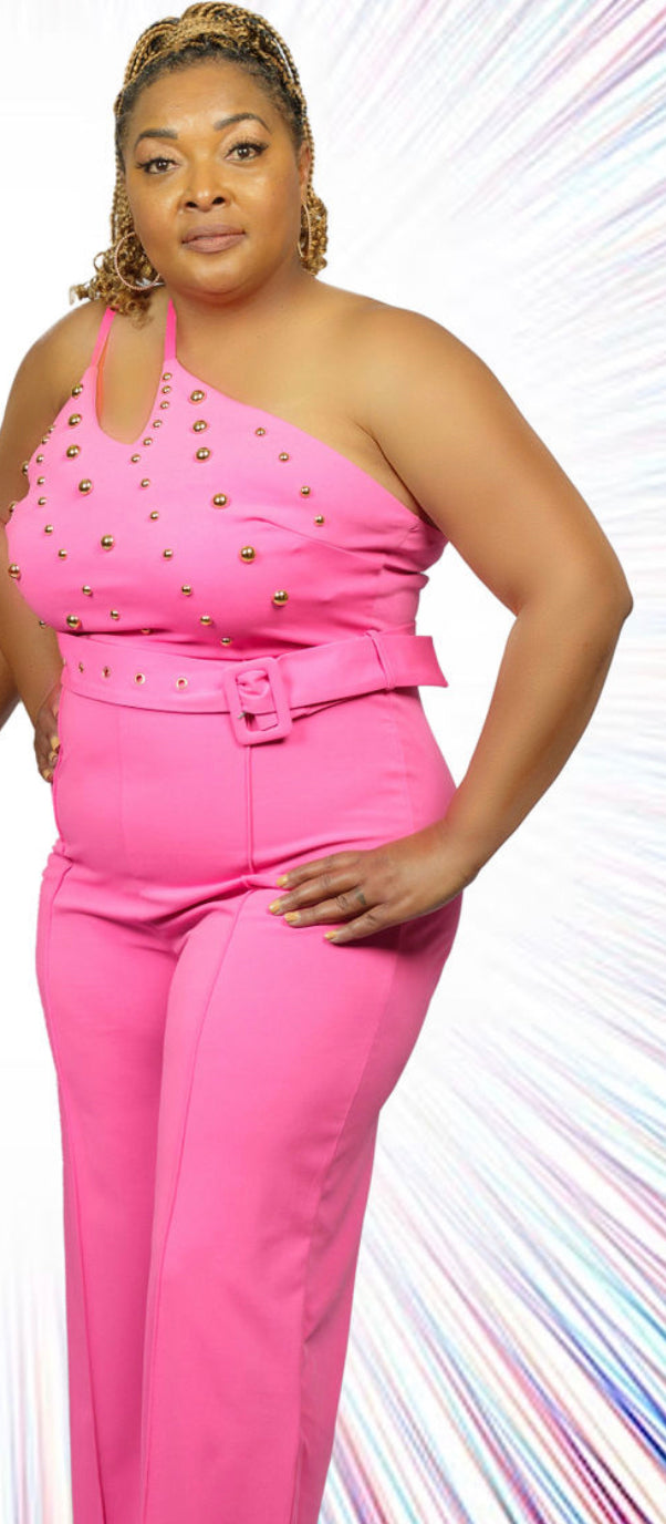 Pink Beaded Asymmetrical Inclined Shoulder Rivet BodyCon Wide Leg Jumpsuit Romper with Belt