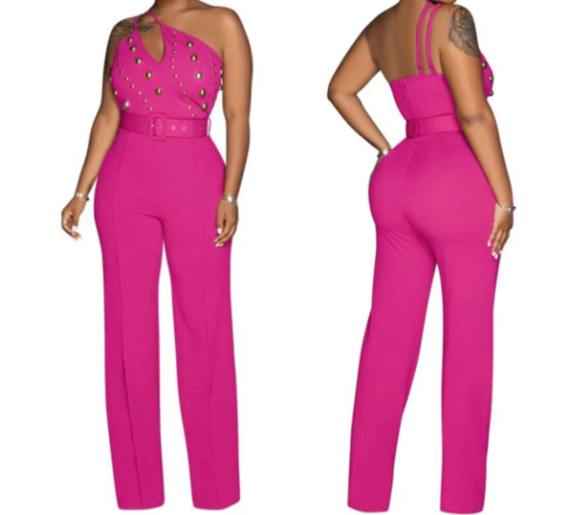 Pink Beaded Asymmetrical Inclined Shoulder Rivet BodyCon Wide Leg Jumpsuit Romper with Belt