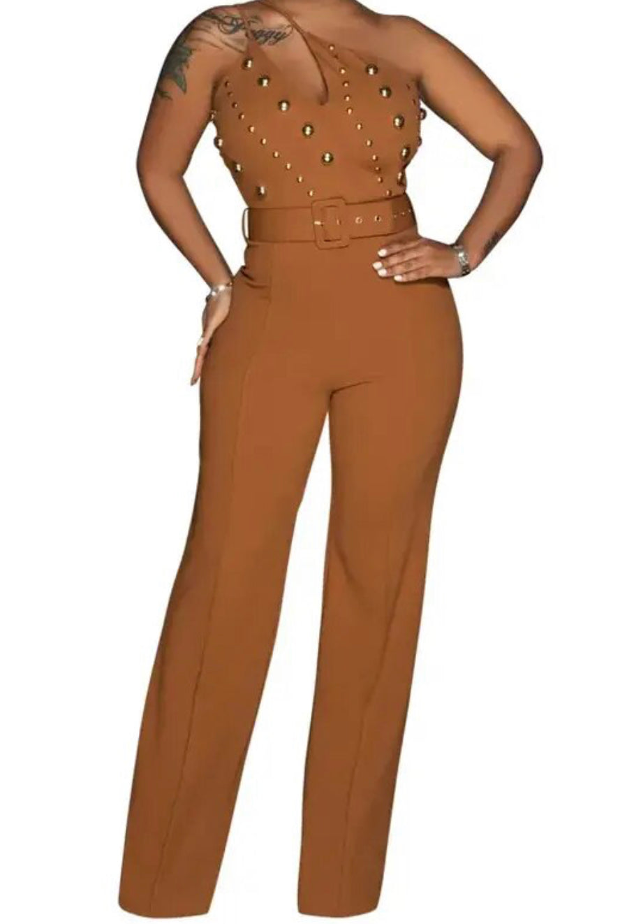 Brown Beaded Asymmetrical Inclined Rivet BodyCon Wide Leg Jumpsuit Romper with Belt