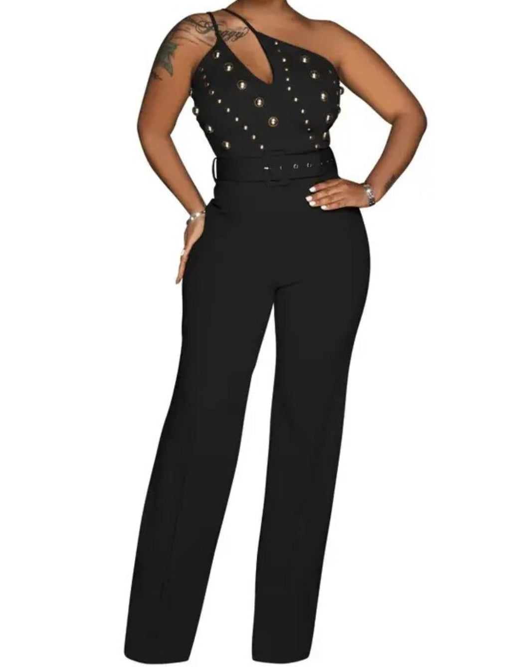 Black Beaded Asymmetrical Inclined Shoulder Rivet BodyCon Wide Leg Jumpsuit Romper with Belt