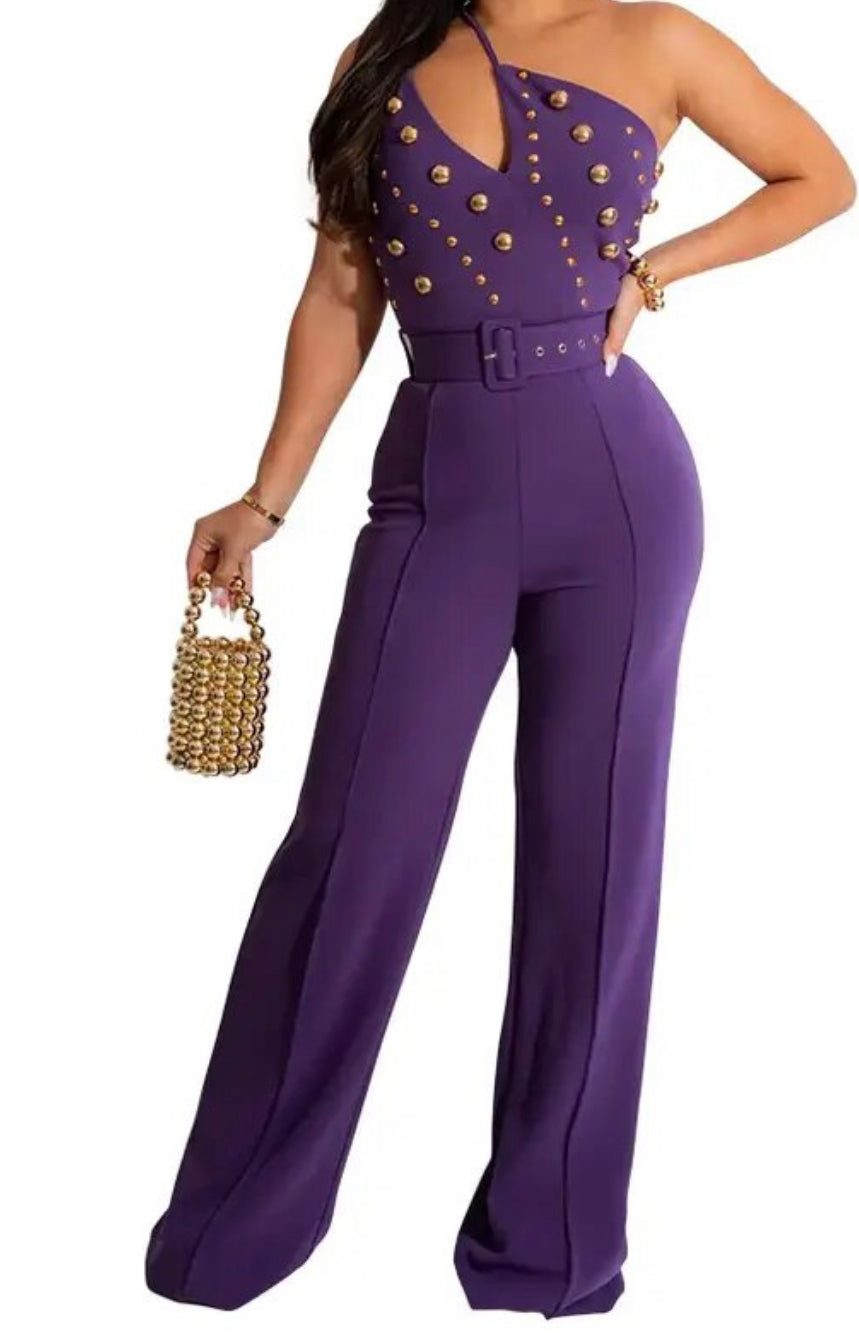 Purple Beaded Asymmetrical Inclined Shoulder River BodyCon Jumpsuit Romper with Belt Wide Legs