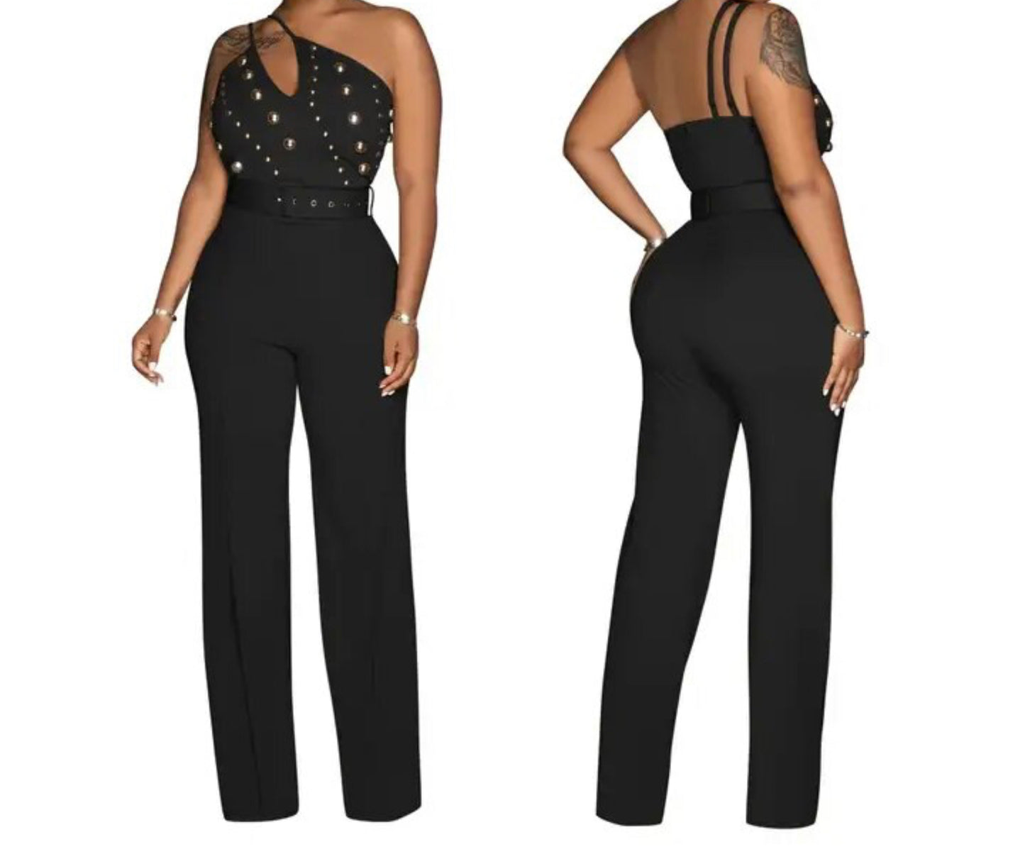 Black Beaded Asymmetrical Inclined Shoulder Rivet BodyCon Wide Leg Jumpsuit Romper with Belt