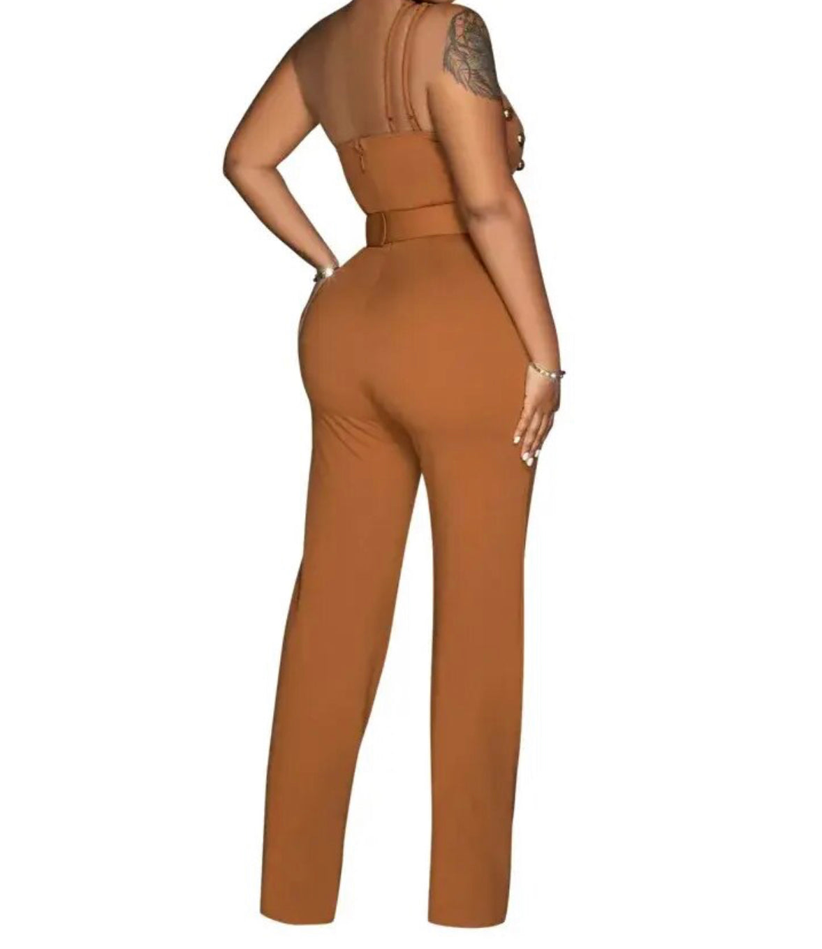 Brown Beaded Asymmetrical Inclined Rivet BodyCon Wide Leg Jumpsuit Romper with Belt