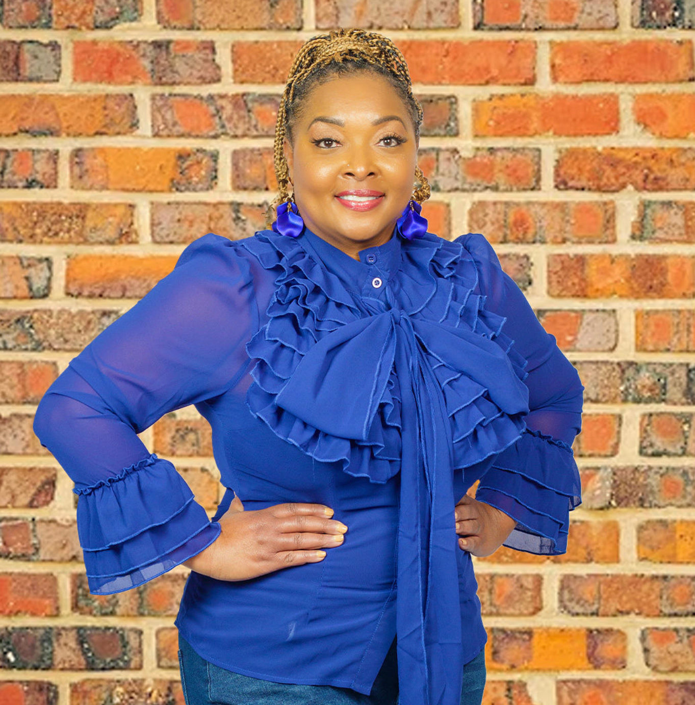 High Neck - Blue Layered Blouse with Sassy Big Bow Tie