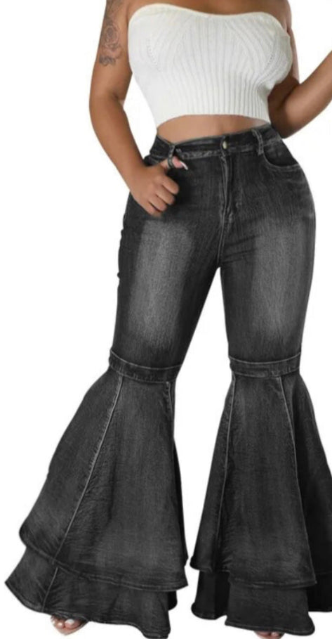 Black Stretchy Bodycon Double-Layered Flared Bell Bottom Denim