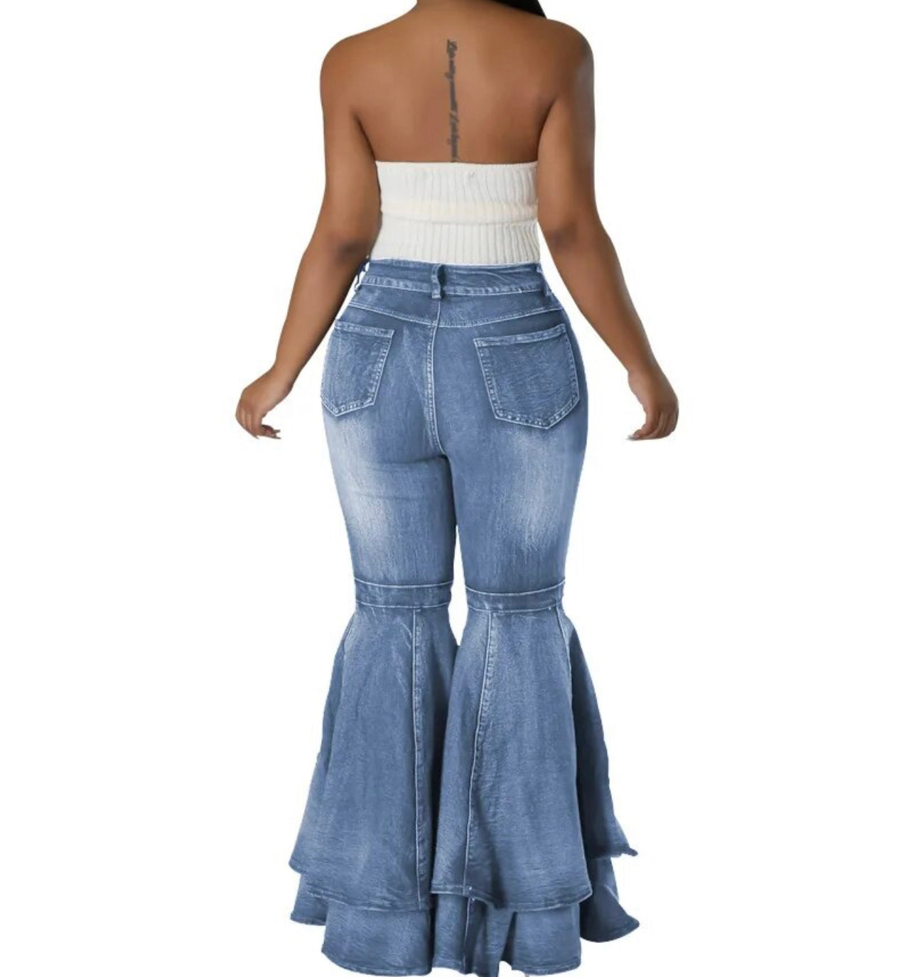 Light Blue Washed Stretchy Bodycon Double-Layered Bell Bottom Denim