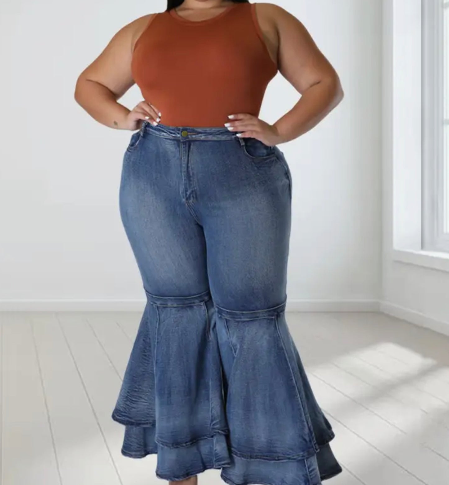 Curvaceous Blue Stretchy Double-Layered Flare Bell Bottom Denim