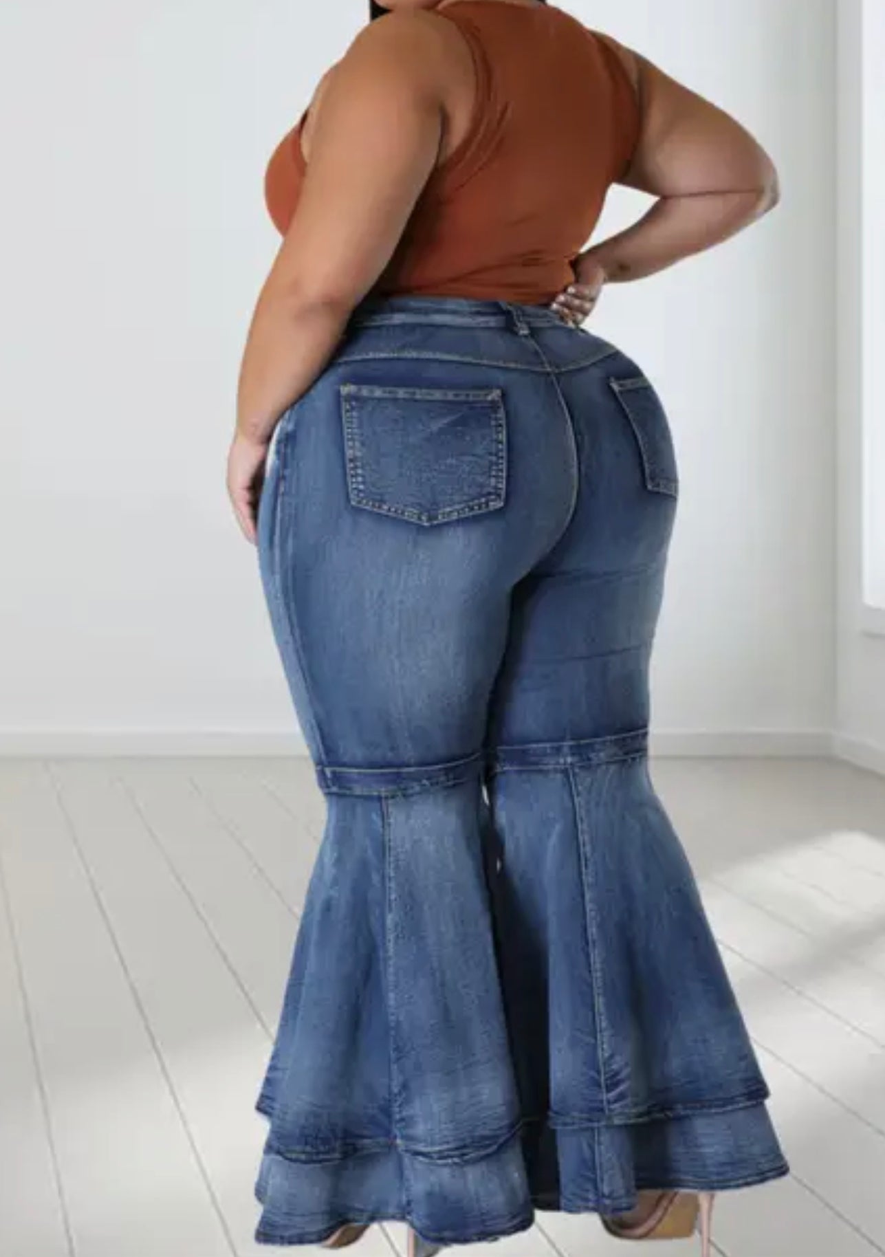 Curvaceous Blue Stretchy Double-Layered Flare Bell Bottom Denim