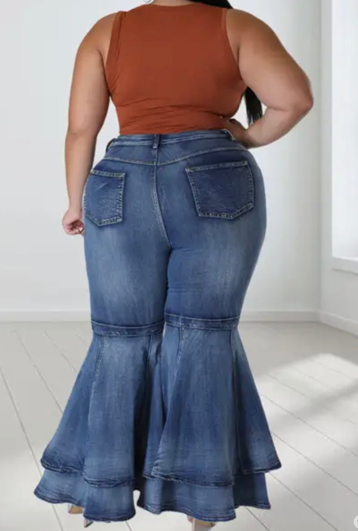 Curvaceous Blue Stretchy Double-Layered Flare Bell Bottom Denim