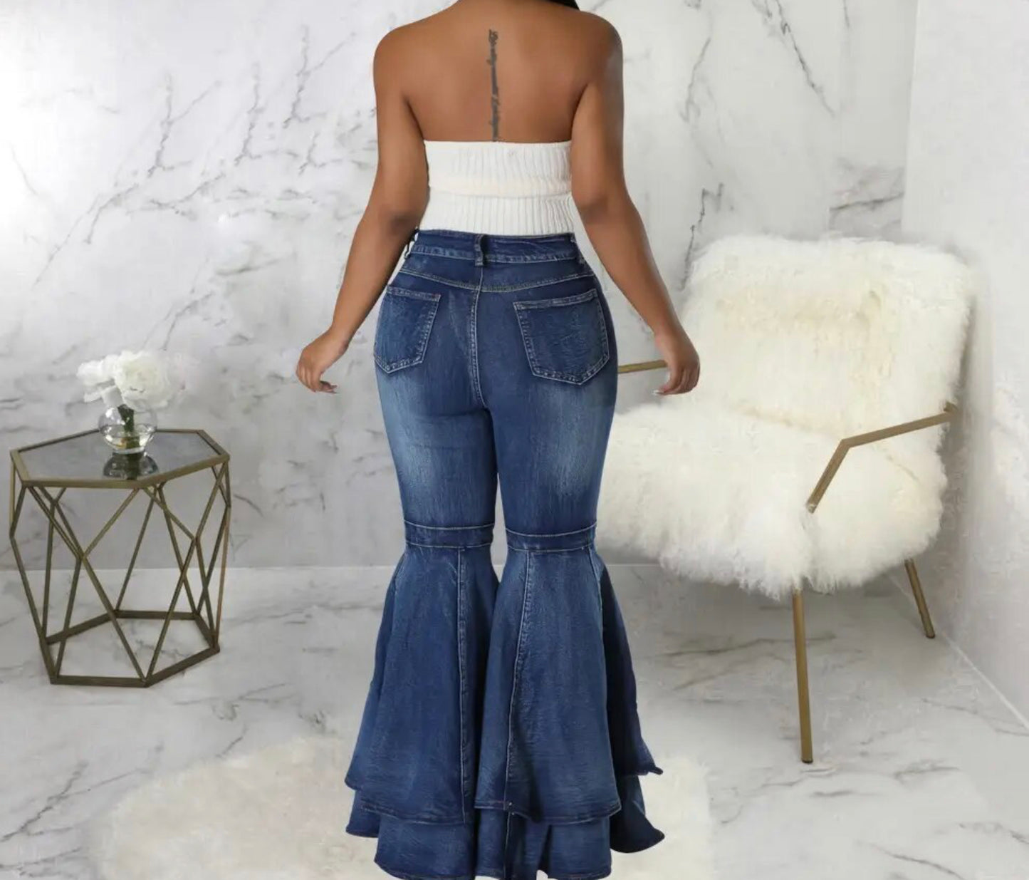 Blue Washed Stretchy Bodycon Double-Layered Flared Bell Bottom Pants