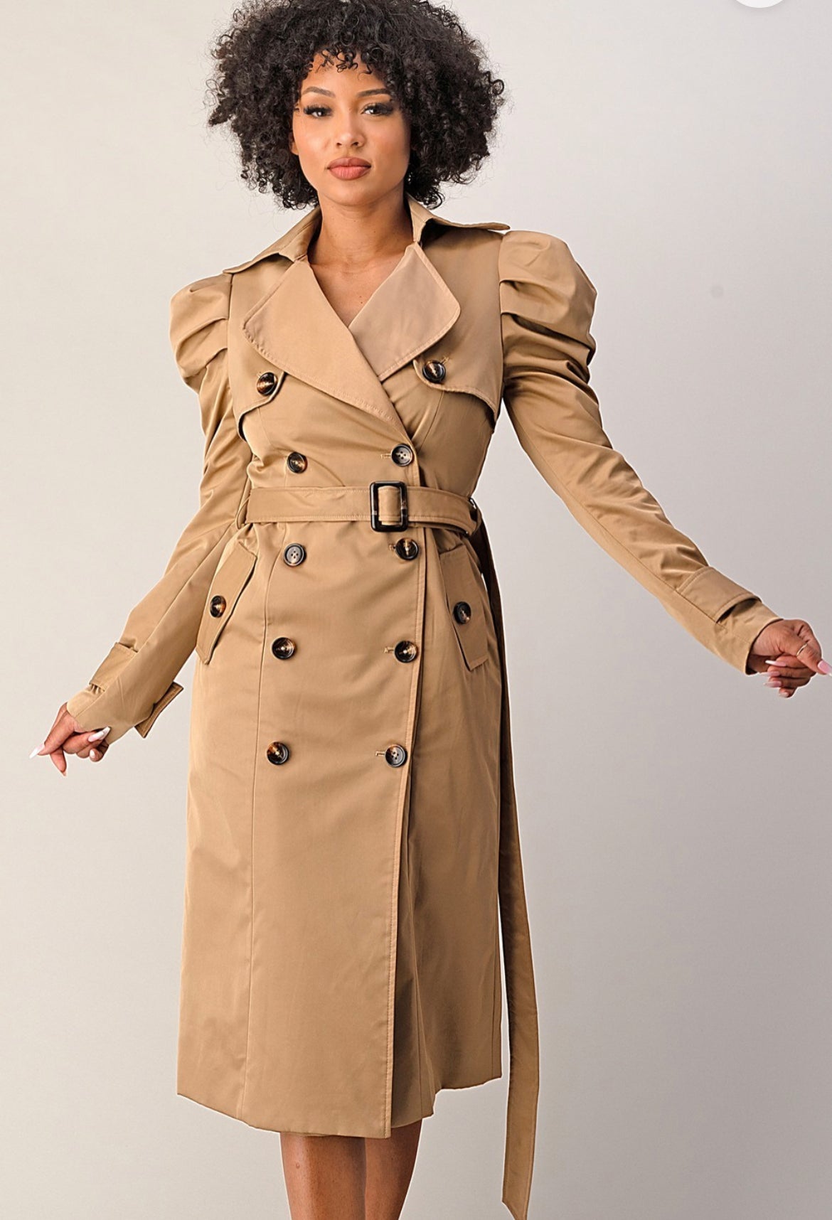 Taupe Puff  Sleeve Trench Coat