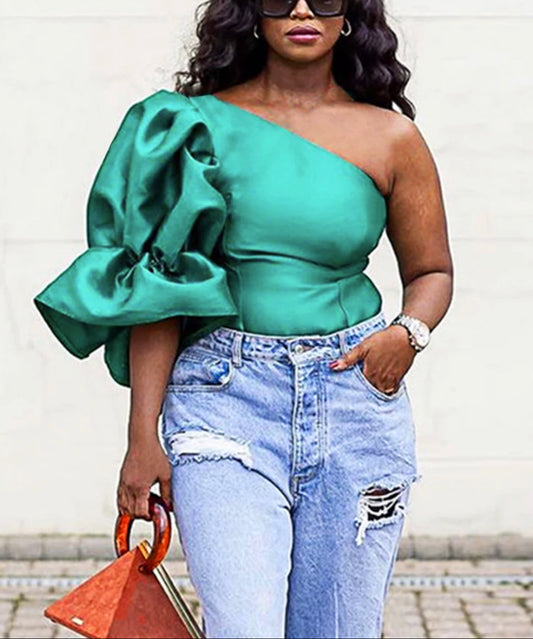 Teal Off Shoulder Puff Sleeve Party Top