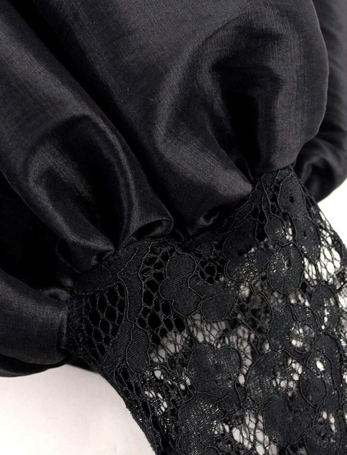 Elegant Black Formal Evening Lace Patchwork Lantern Puff Sleeve Dress with slit