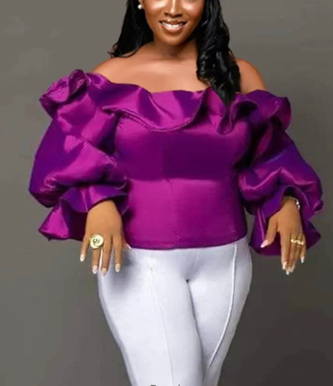 Purple Off Shoulder Slash Neck Ruffle Long Sleeve  Party Top