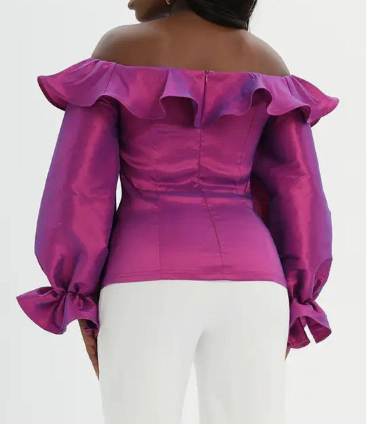Purple Off Shoulder Slash Neck Ruffle Long Sleeve  Party Top