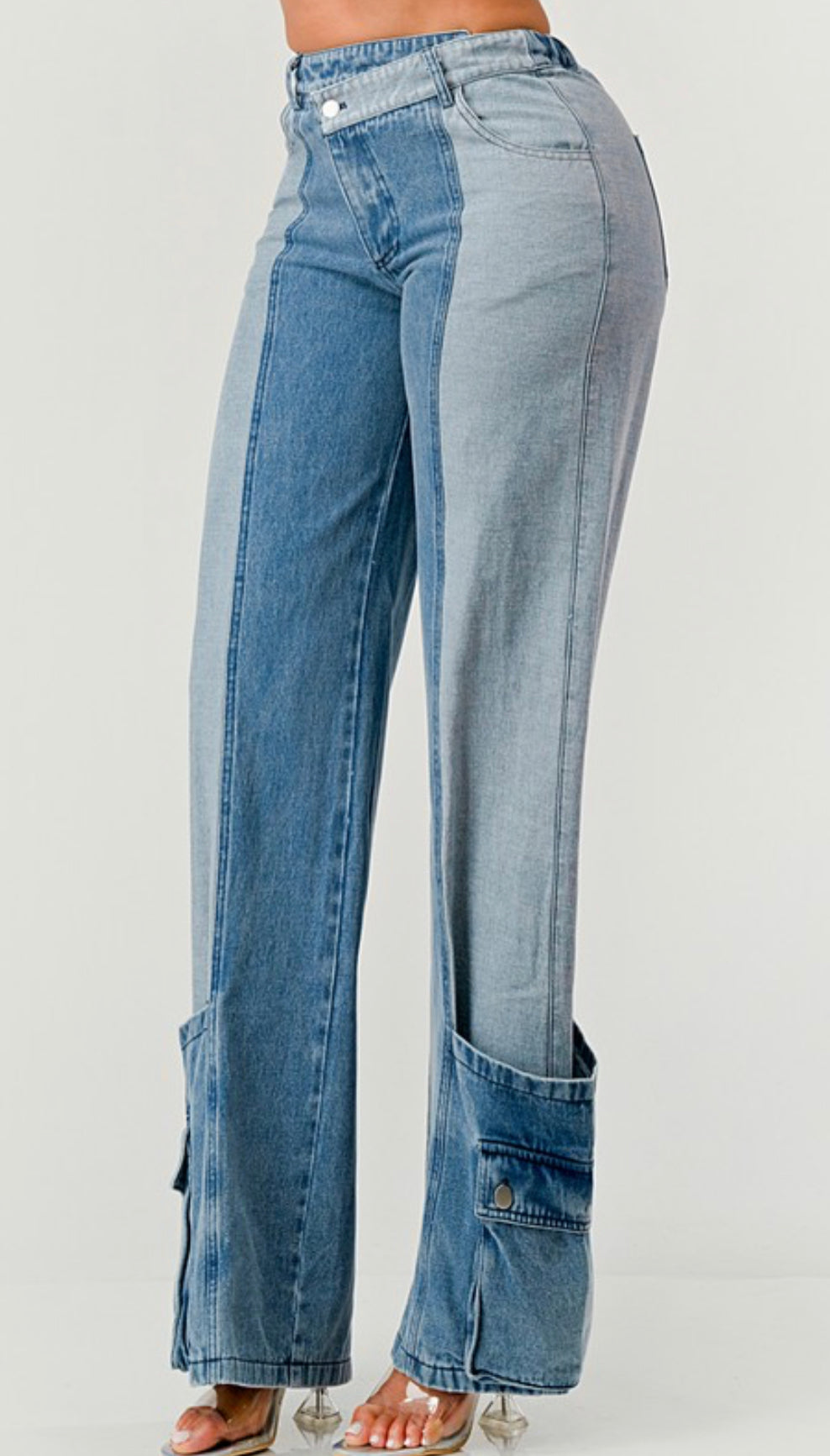 Two Tone Denim Cargo Style Pocket Denim Jeans