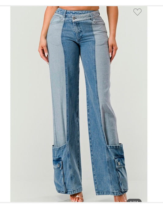 Two Tone Denim Cargo Style Pocket Denim Jeans