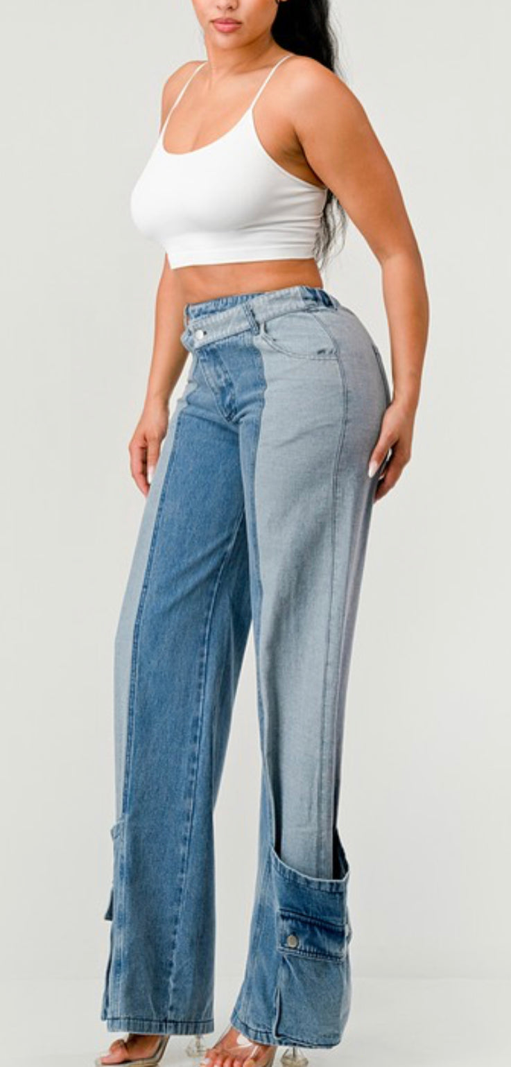 Two Tone Denim Cargo Style Pocket Denim Jeans