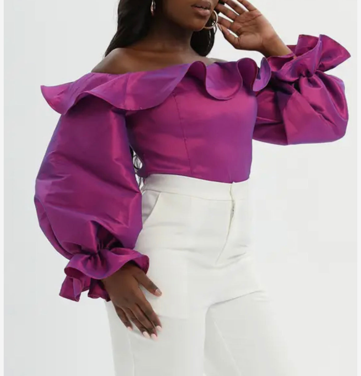 Purple Off Shoulder Slash Neck Ruffle Long Sleeve  Party Top