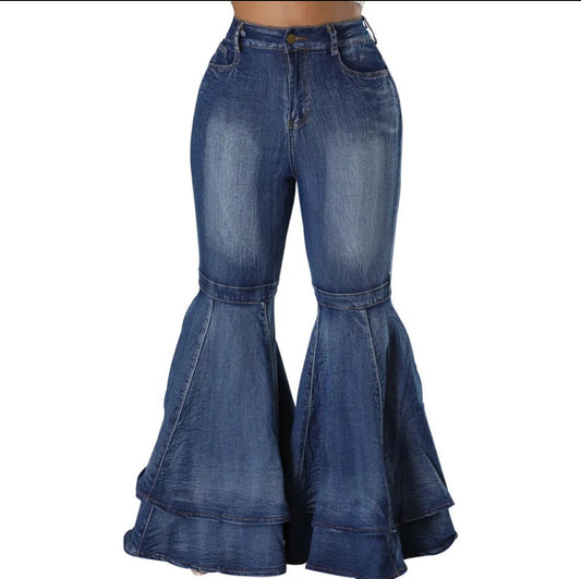 Medium Blue Stretchy Bodycon Double-Layered Bell Bottom Denim
