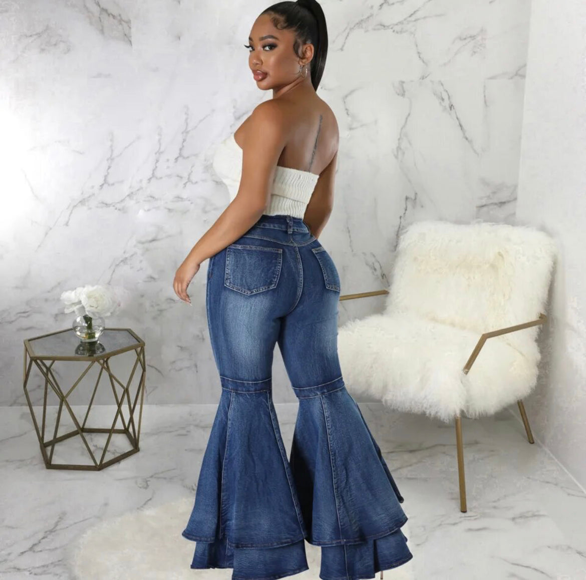 Medium Blue Stretchy Bodycon Double-Layered Bell Bottom Denim